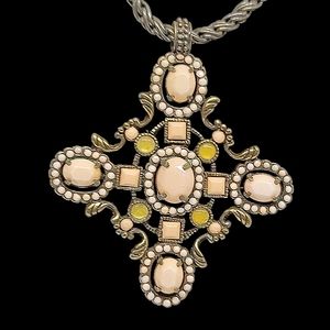 Vintage Cross 2" x 2" Ivory Colored Rhinestones & Faux Cabochons 17" Chain